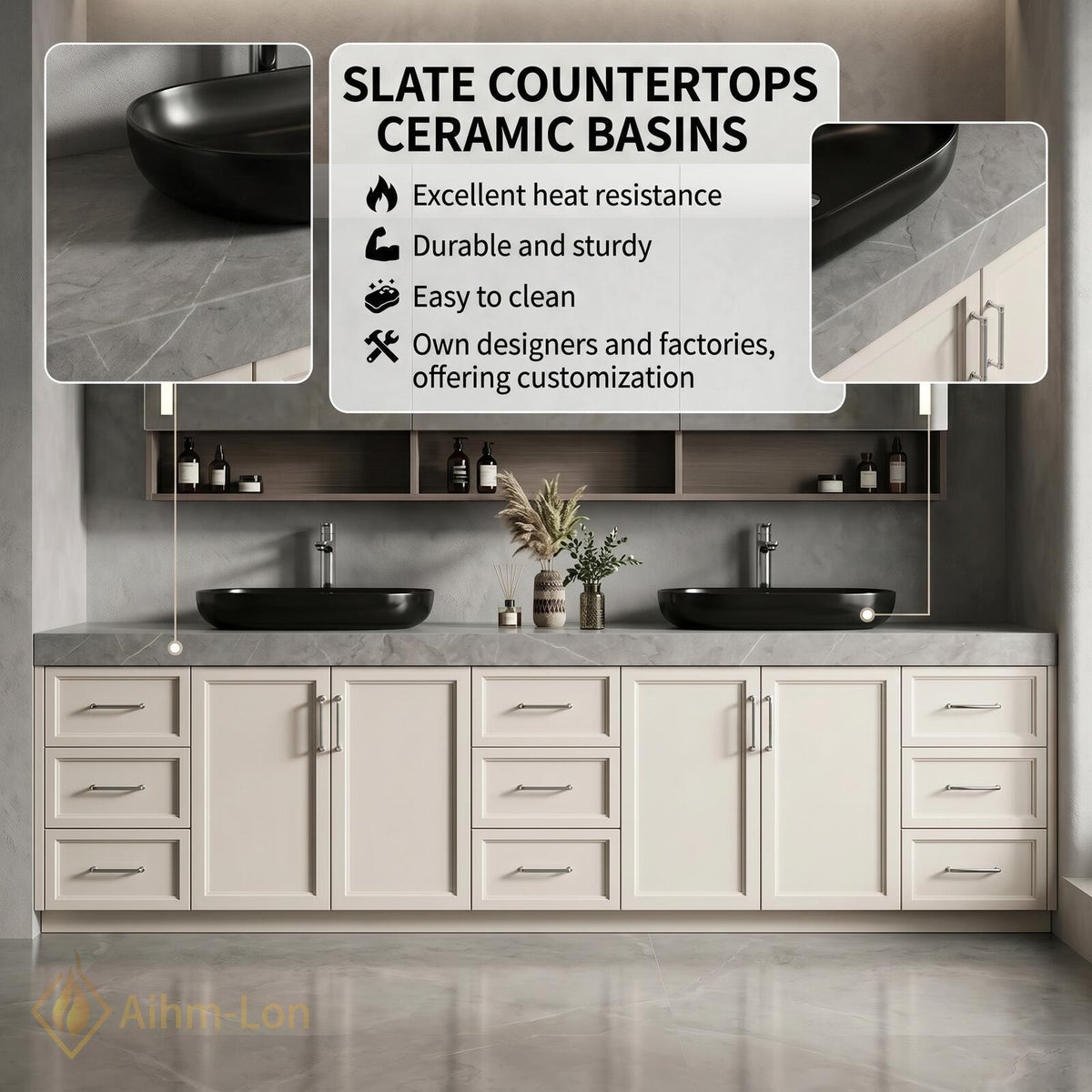 60''-96'' Double Bathroom Vanity with Sink Modern Stone-Look Floating Wall-Mounted Spacious Frame
