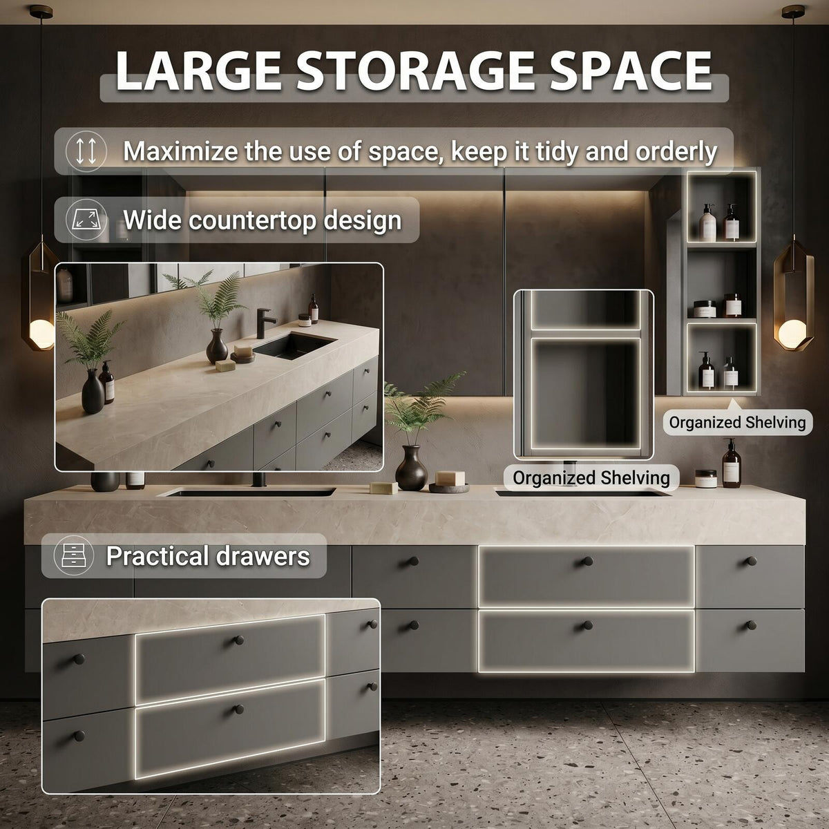 60''-96'' Double Bathroom Vanity with Sink Floating Matte Charcoal Stone-Effect Extensive Drawers