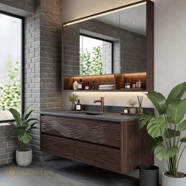 36''-64'' Modern Bathroom Vanity with Sink Floating Wavy Carved Wood Anti-Fog Mirror