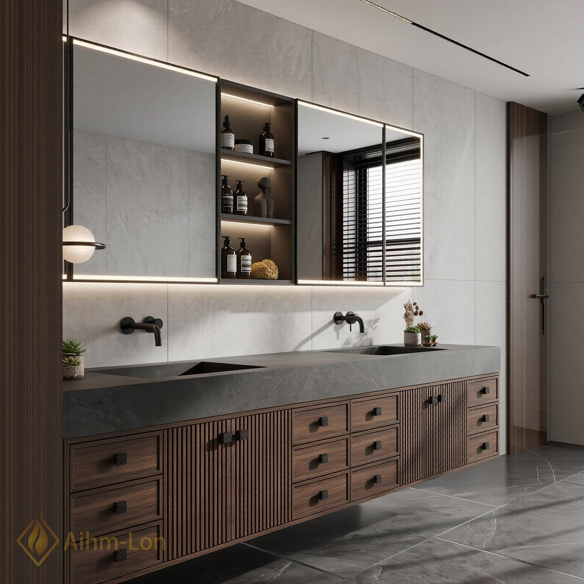 76''-96'' Double Bathroom Vanity with Sink Dual Basins Dark Walnut Spacious Organization