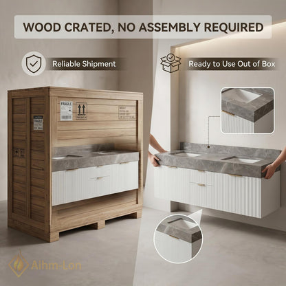 60''-96'' Double Bathroom Vanity with Sink Fluted Basin Marble-Top Open Shelving