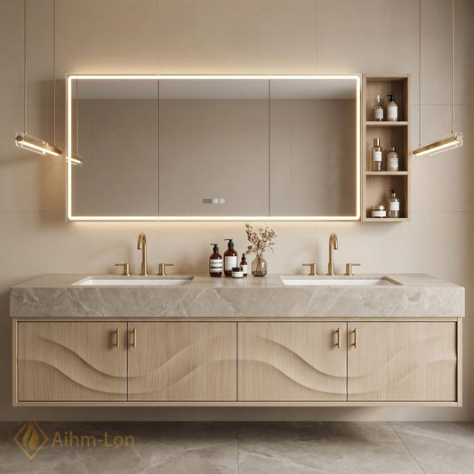 60''-96'' Double Bathroom Vanity with Sink Sculpted Wave Light Wood Grain Spacious