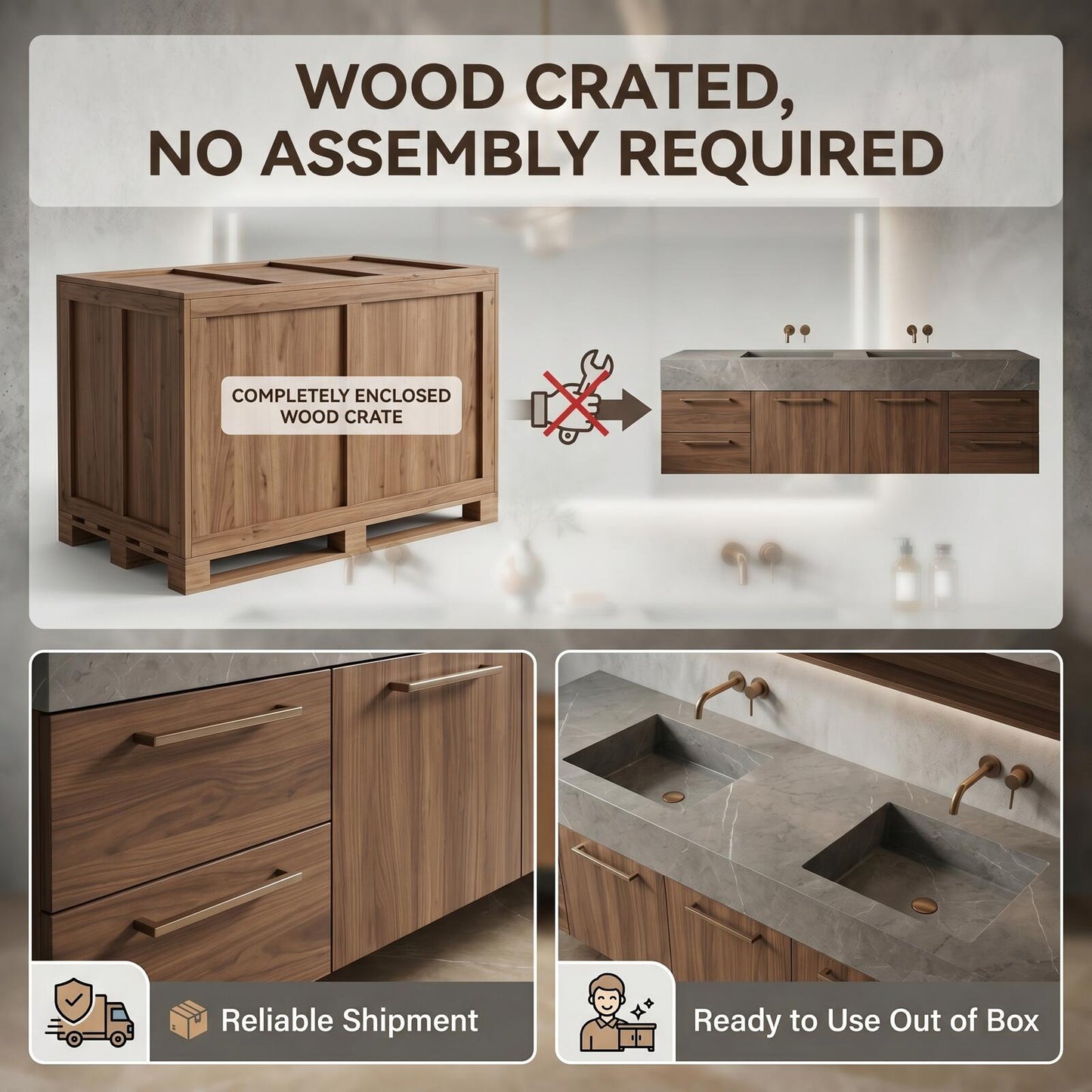 60''-96'' Modern Bathroom Vanity with Sink Floating Double Dark Walnut Finish Cabinet
