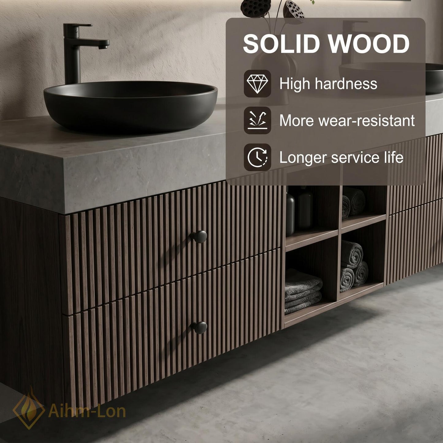 60''-96'' Double Bathroom Vanity with Sink Modern Dark Walnut Slatted Center Panel
