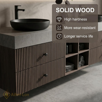 60''-96'' Double Bathroom Vanity with Sink Modern Dark Walnut Slatted Center Panel