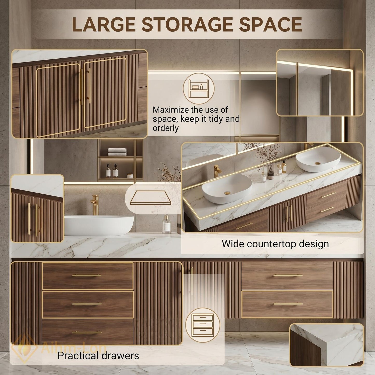 60''-96'' Modern Floating Bathroom Vanity with Sink White Marble Ridged Wood Front