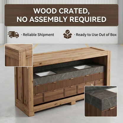 78''-96'' Modern Bathroom Vanity with Sink Stone Gray Slatted Wood Front Panels