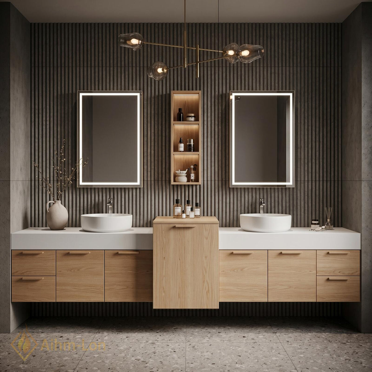 60''-96'' Double Bathroom Vanity with Sink Dark Charcoal Slatted Front Storage