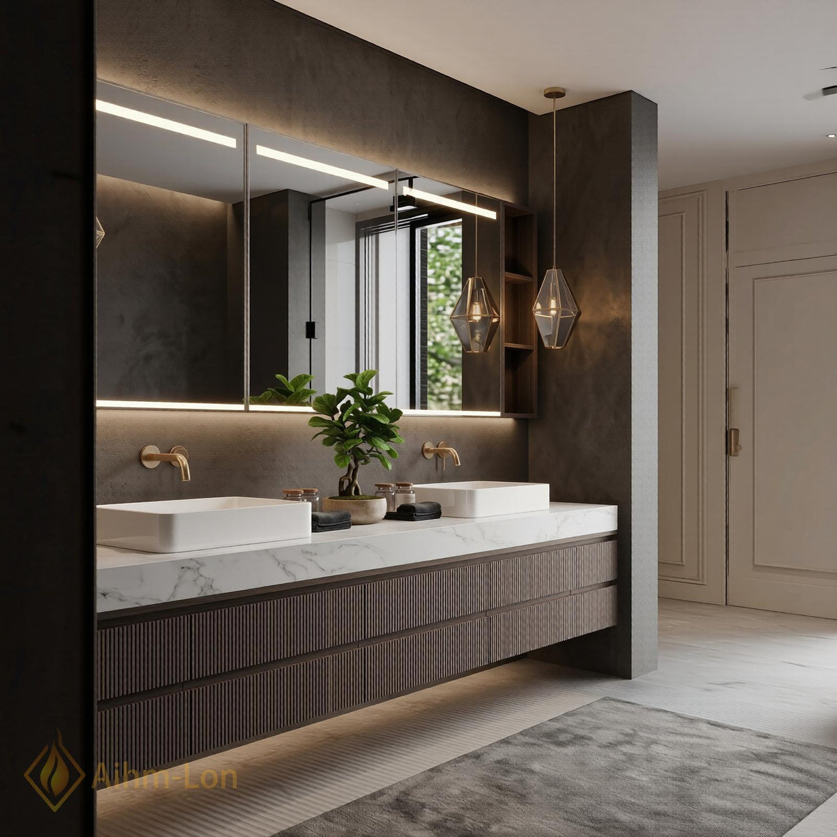 60''-96'' Double Bathroom Vanity with Sink Floating Dark Walnut Slatted Center Panel