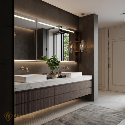 60''-96'' Double Bathroom Vanity with Sink Floating Dark Walnut Slatted Center Panel