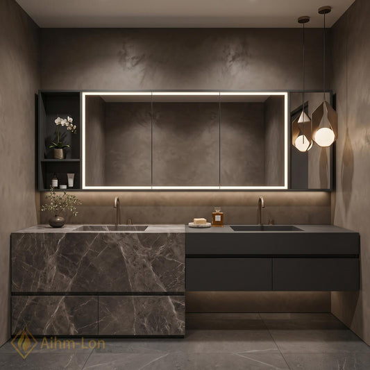 60''-96'' Double Bathroom Vanity with Sink Split Countertop Integrated Mirror Cabinet Shelving