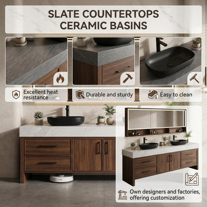60''-96'' Double Bathroom Vanity with Sink Floating White Marble Top Dark Wood Finish