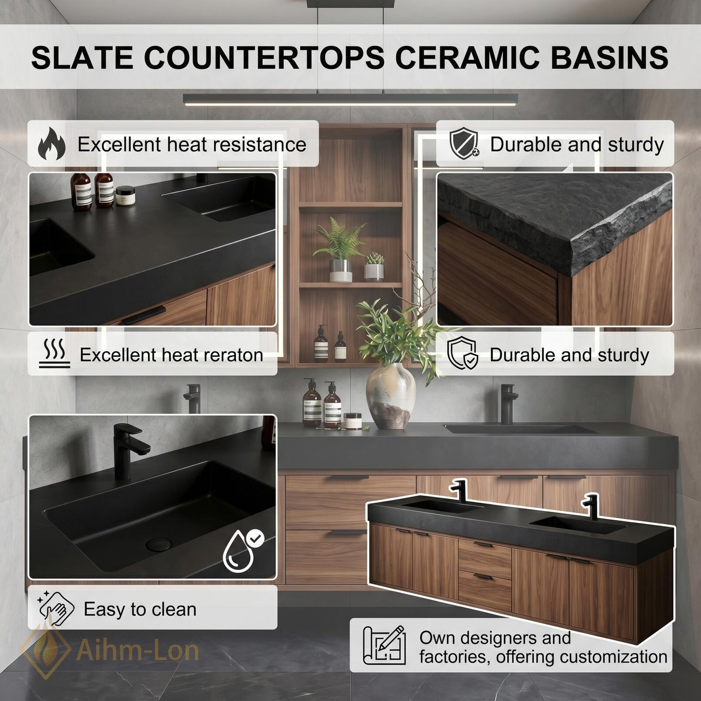 60''-96'' Double Bathroom Vanity with Sink Modern Dark Walnut Finish Slatted Center