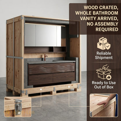 36''-64'' Modern Bathroom Vanity with Sink Floating Wavy Carved Wood Anti-Fog Mirror