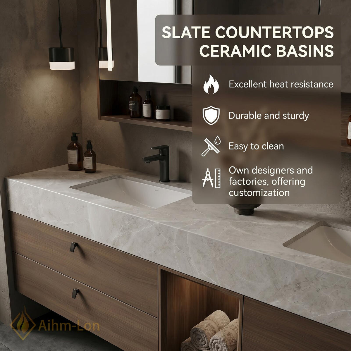 60''-96'' Bathroom Vanity with Sink Floating Vanity Marble Top Dark Wood Wide