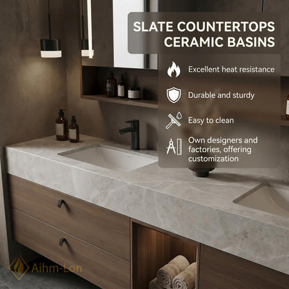 60''-96'' Bathroom Vanity with Sink Floating Vanity Marble Top Dark Wood Wide