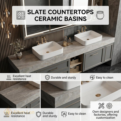 60''-96'' Double Bathroom Vanity with Sink Modern Gray Marble Top Spacious Storage