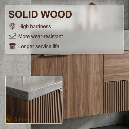 60''-96'' Double Bathroom Vanity with Sink Dark-Walnut Floating Basin Slatted-Panel