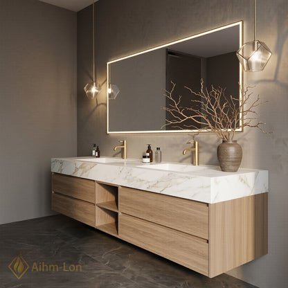 60''-96'' Double Bathroom Vanity with Sink Floating Storage Drawers Sets Large Marble