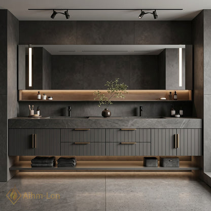 76''-96'' Double Bathroom Vanity with Sink Vertical Slatted Door Panels Dark Grey