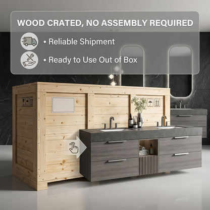 60''-96'' Sleek Bathroom Vanity with Sink Dual Sink Dark Stone Floating Wood Cabinet