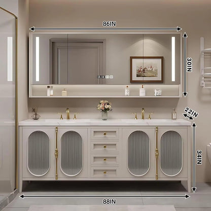 58"-96"Modern Bathroom Vanity Includes Fine Copper Metal Texture Handle & Striped Glass Door Storage