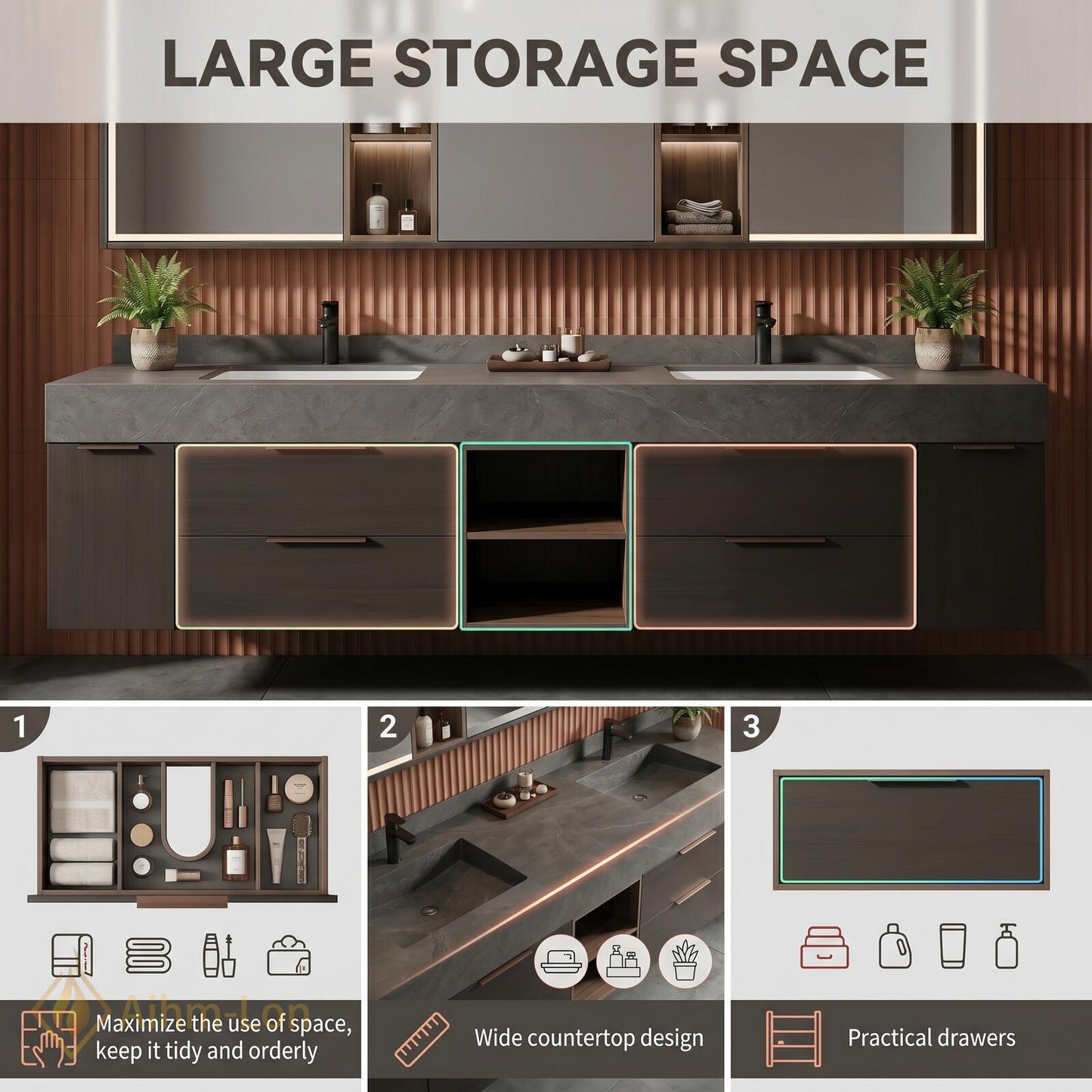 60''-96'' Modern Double Bathroom Vanity with Sink Grey Stone-Textured Top Spacious Drawers