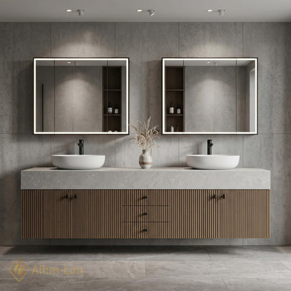 60''-96'' Double Bathroom Vanity with Sink Floating Slatted Wood Front Stone Top