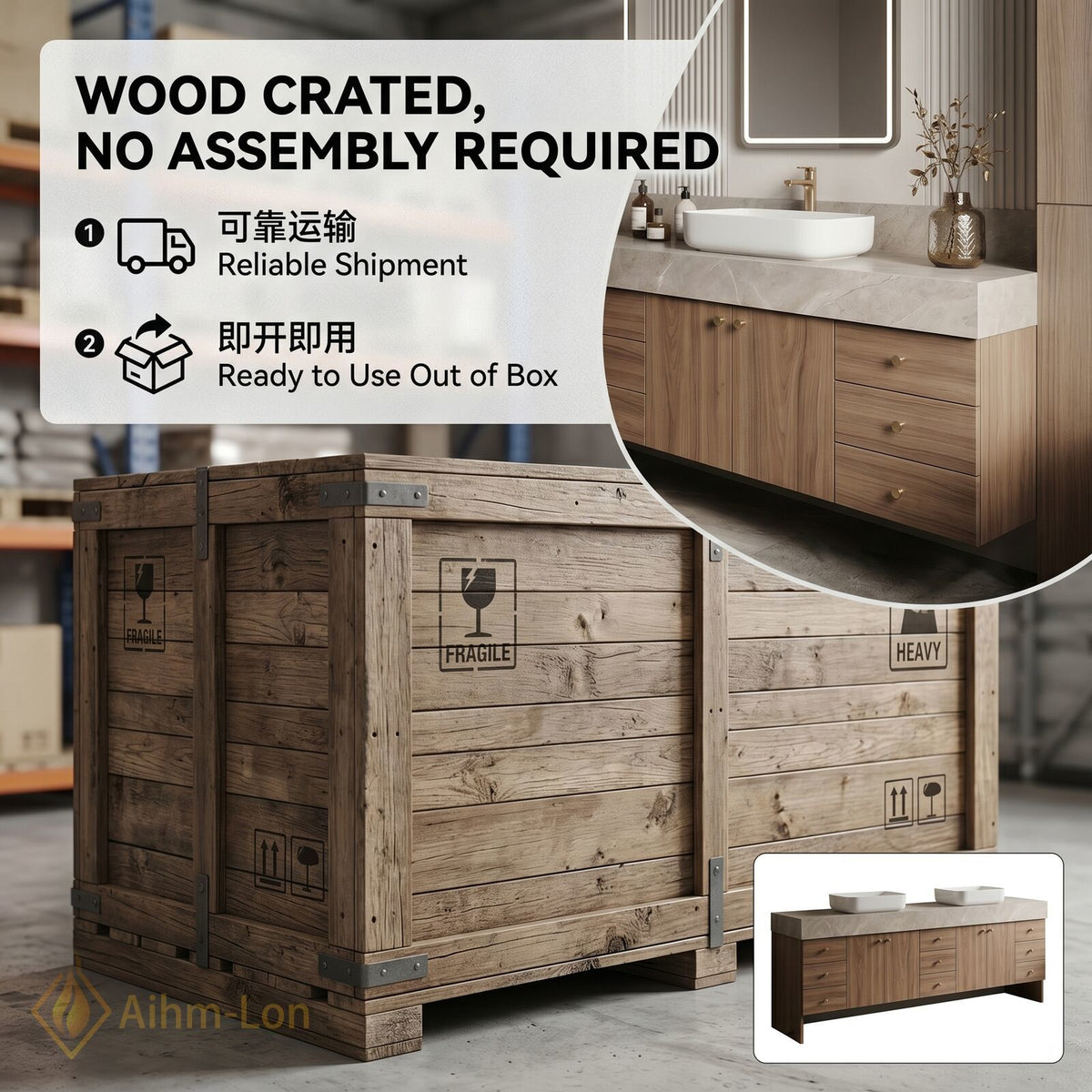 78''-96'' Double Bathroom Vanity with Sink Wide Marble Countertop Deep Drawers Storage