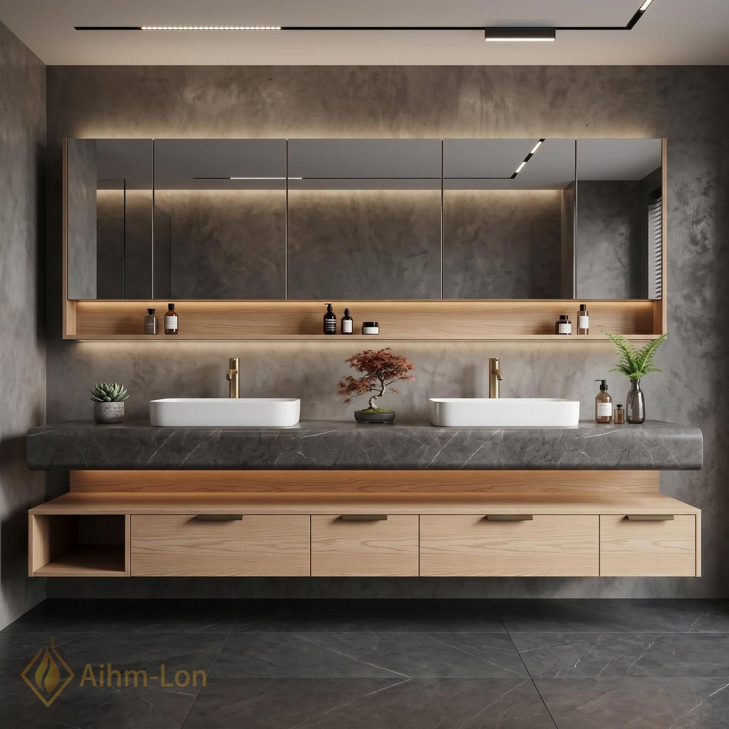 70''-96'' Double Bathroom Vanity with Sink Modern Floating Open Shelving Light Oak