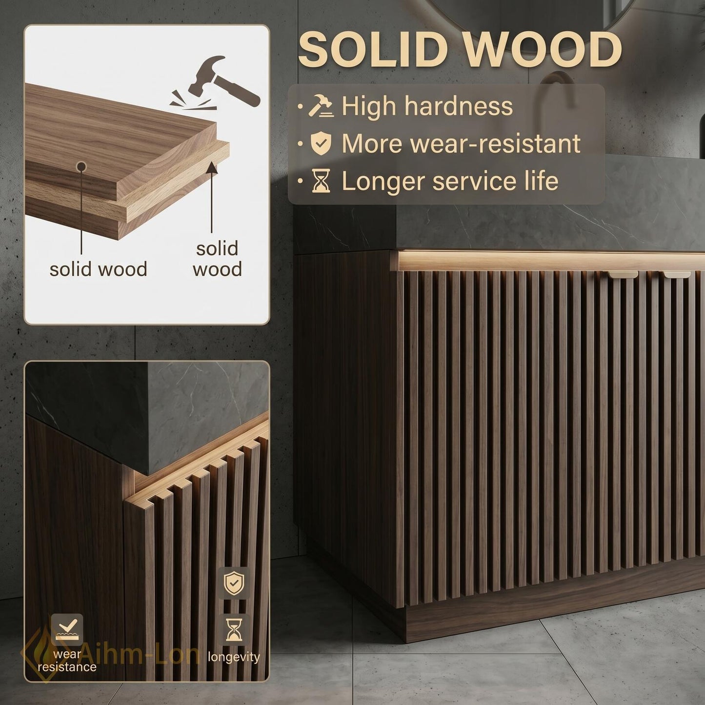 60''-96'' Double Bathroom Vanity with Sink Dark-Walnut Modern Floating Slatted Open