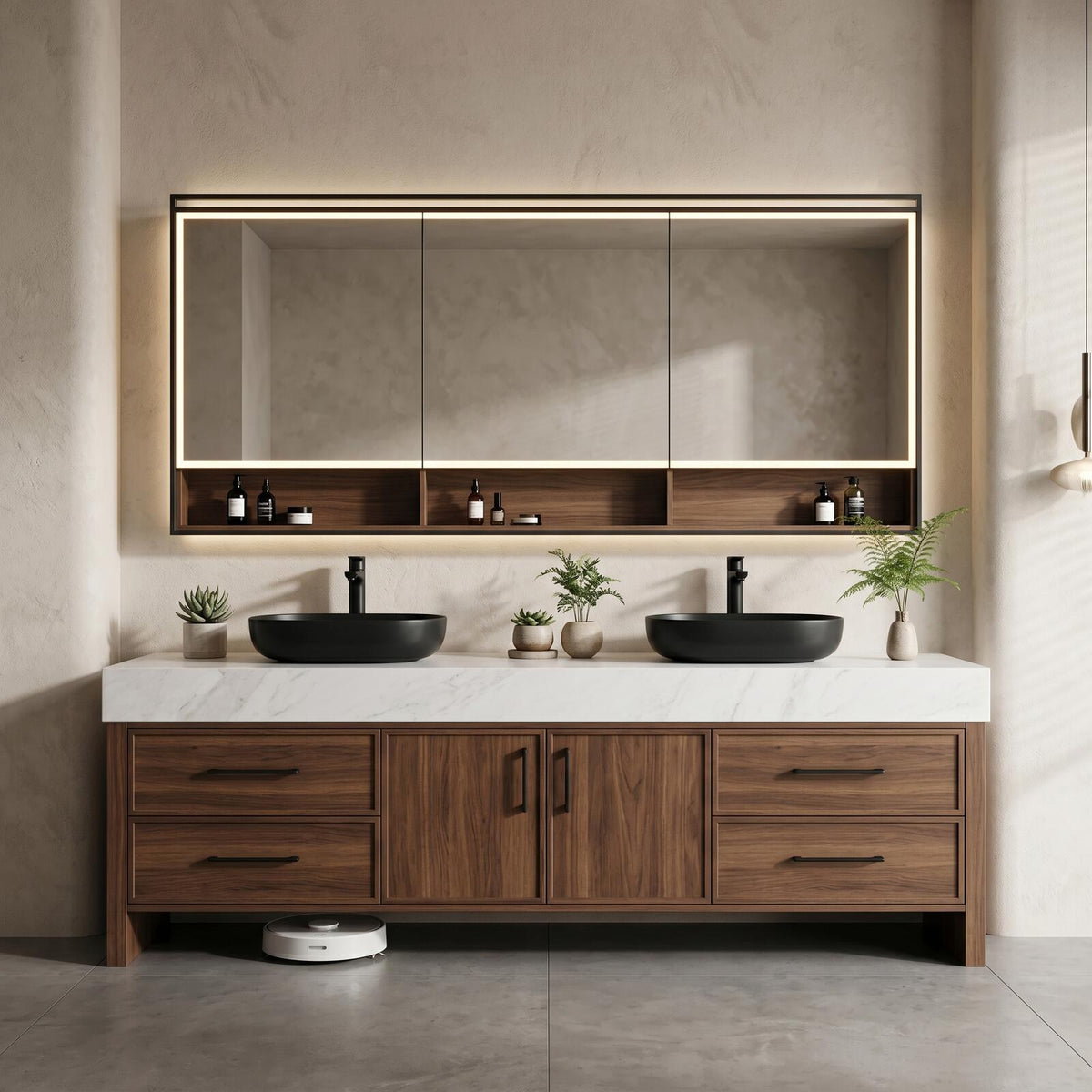 60''-96'' Double Bathroom Vanity with Sink Floating White Marble Top Dark Wood Finish