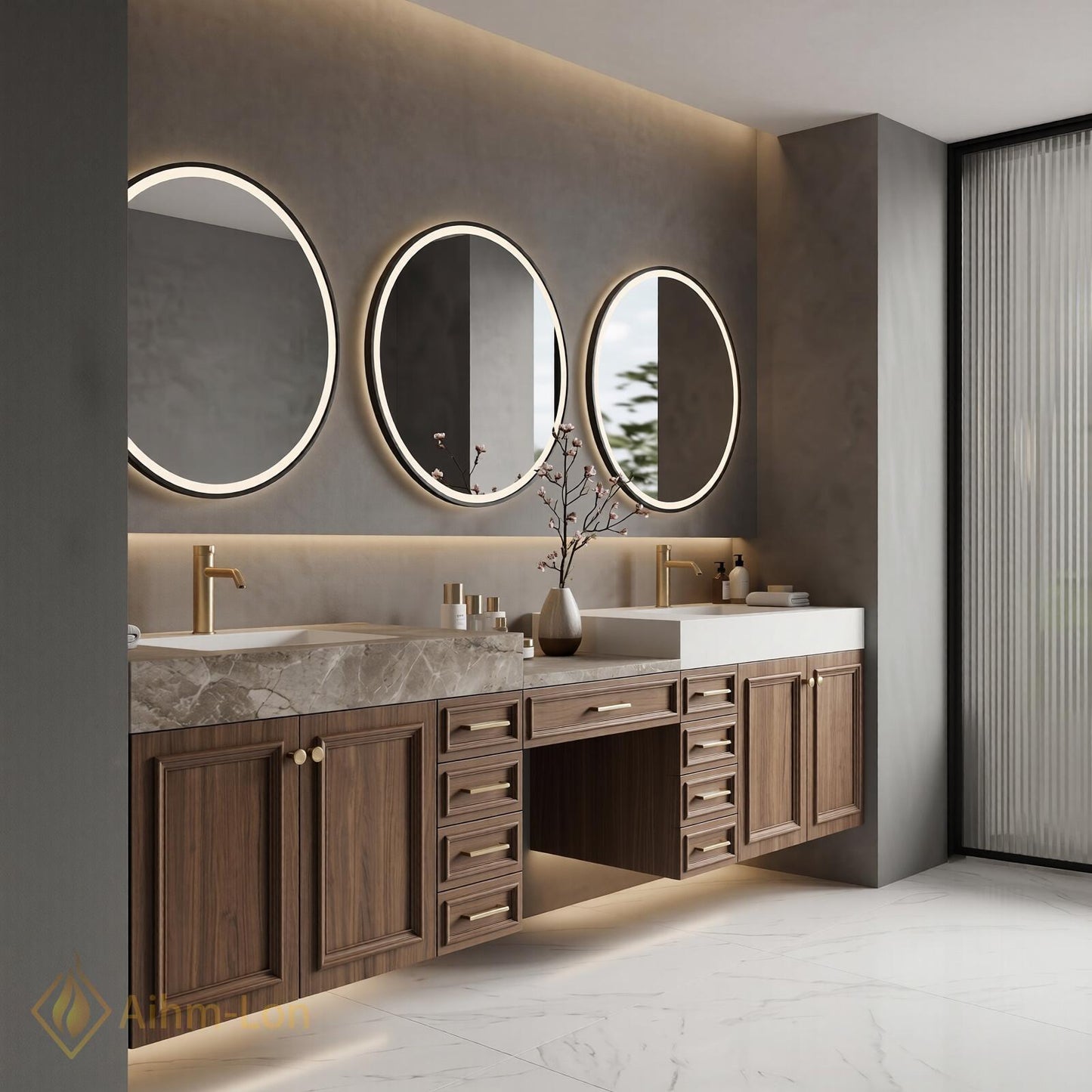 60''-96'' Double Bathroom Vanity with Sink Walnut Floating Modern Triple Woodgrain Finish