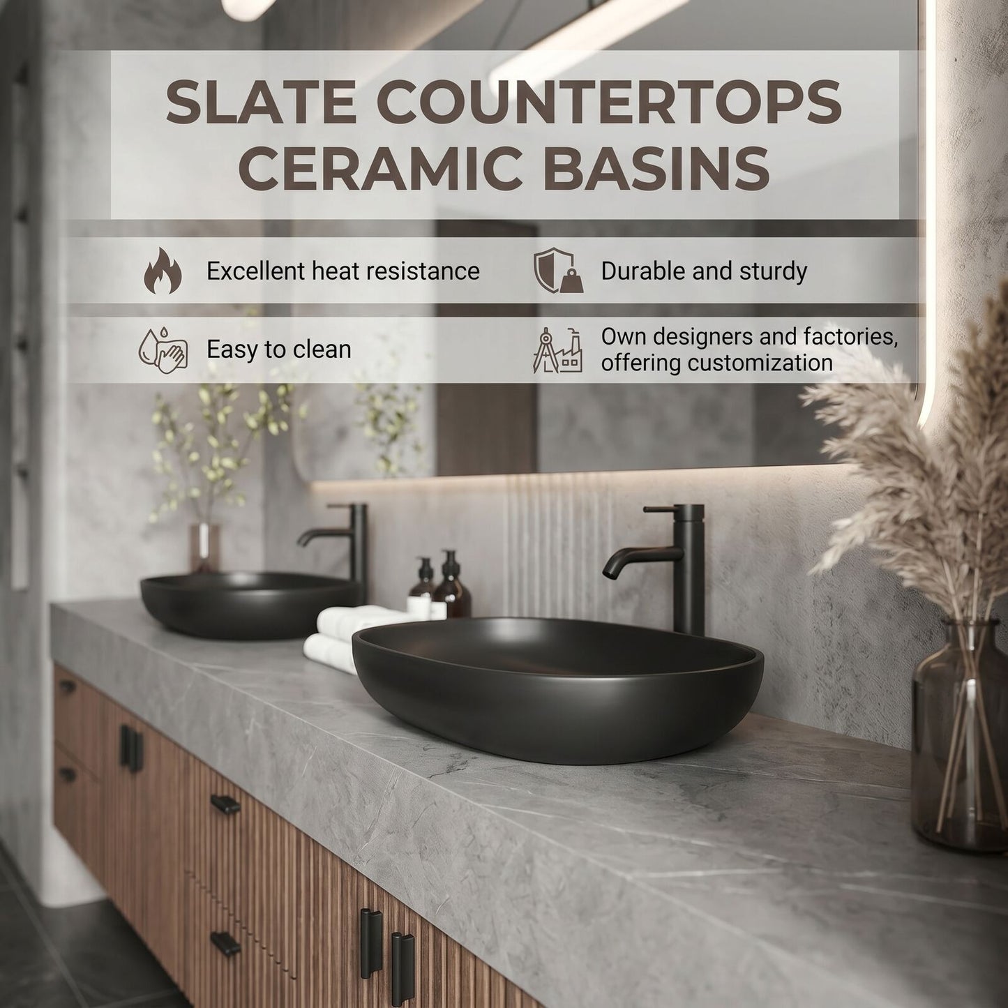 78''-96'' Modern Bathroom Vanity with Sink Double Sink Grey Stone Slatted Wood Front