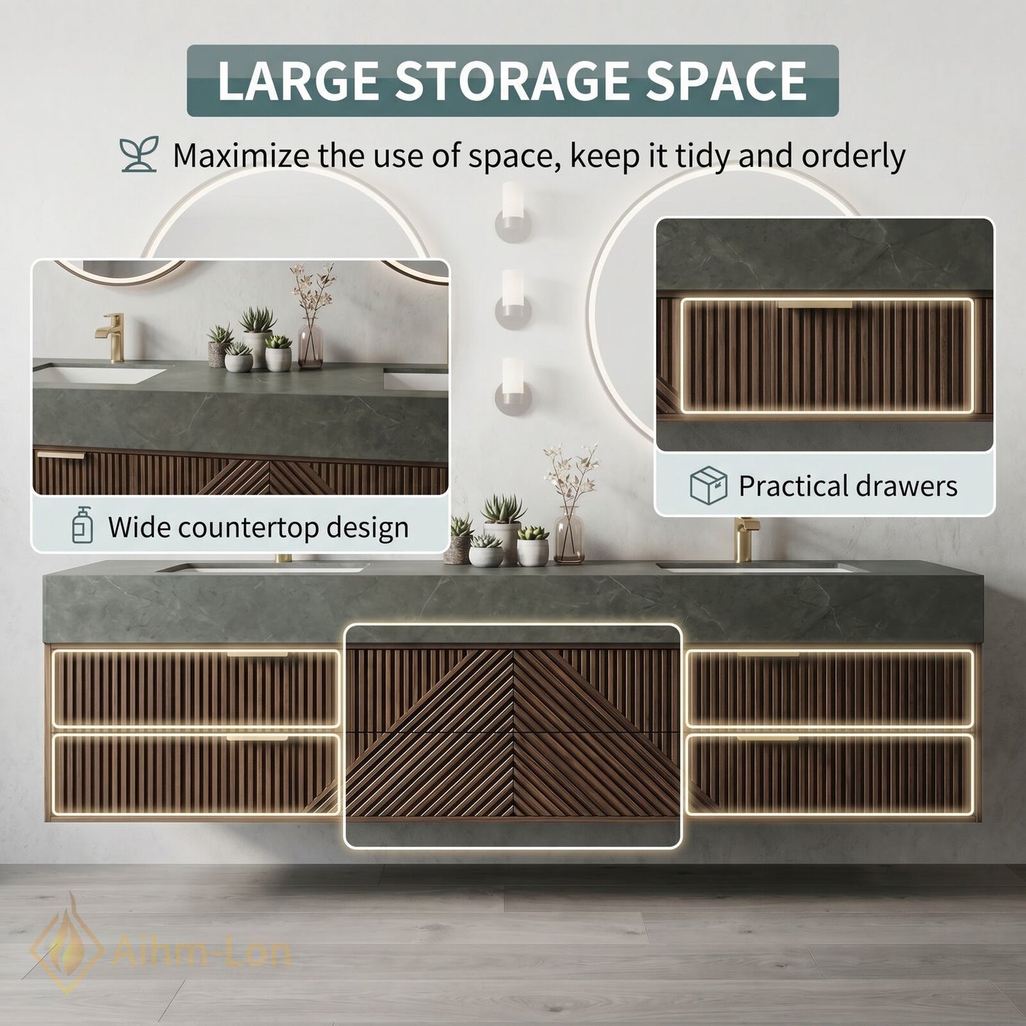 60''-96'' Double Bathroom Vanity with Sink Geometric Wood Panels Floating Design Dual
