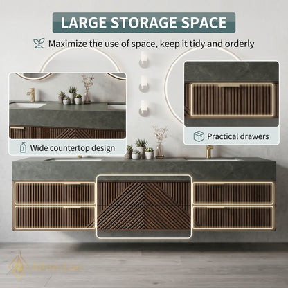 60''-96'' Double Bathroom Vanity with Sink Geometric Wood Panels Floating Design Dual