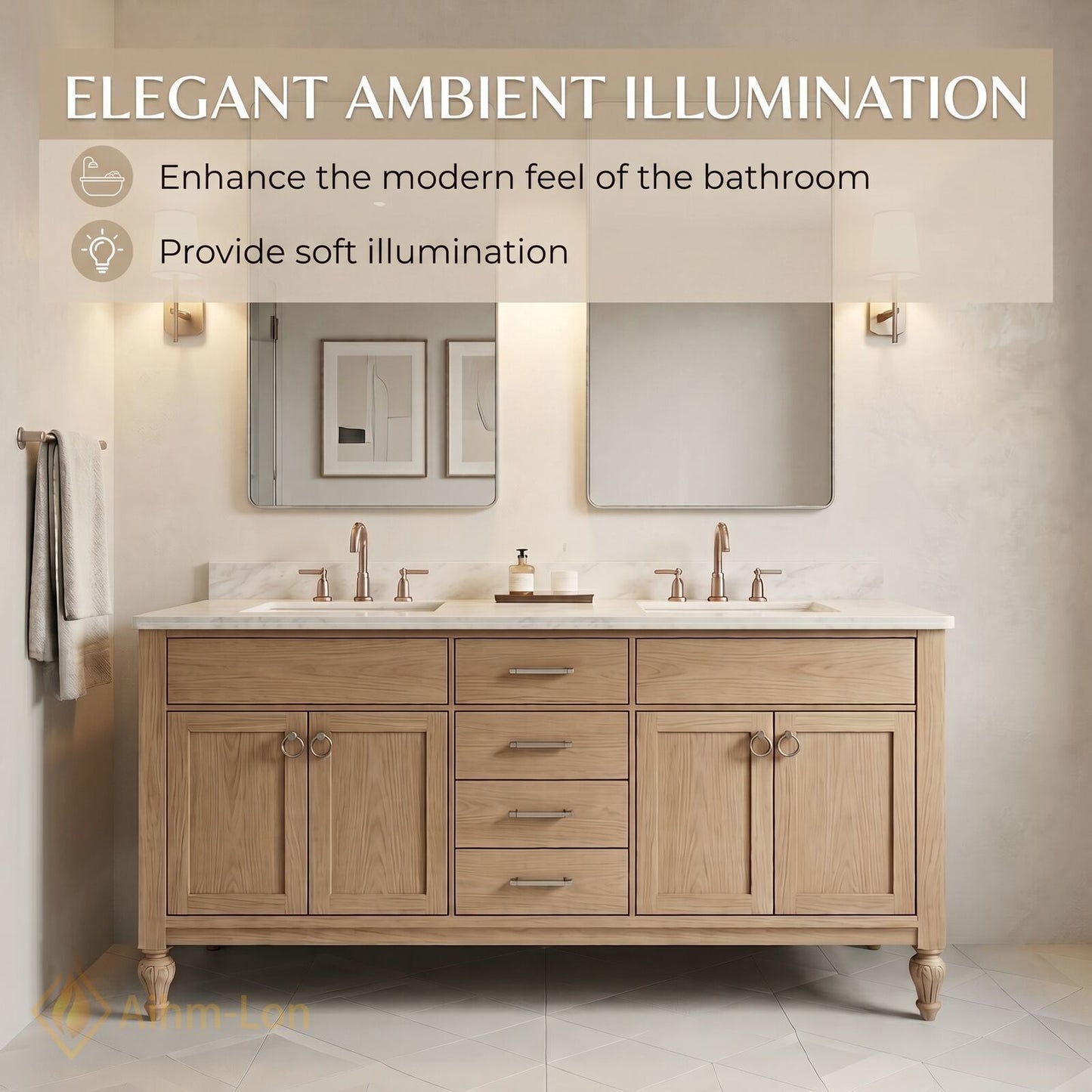 70''-96'' Double Bathroom Vanity with Sink Marble-Style Light Oak Cabinet Storage