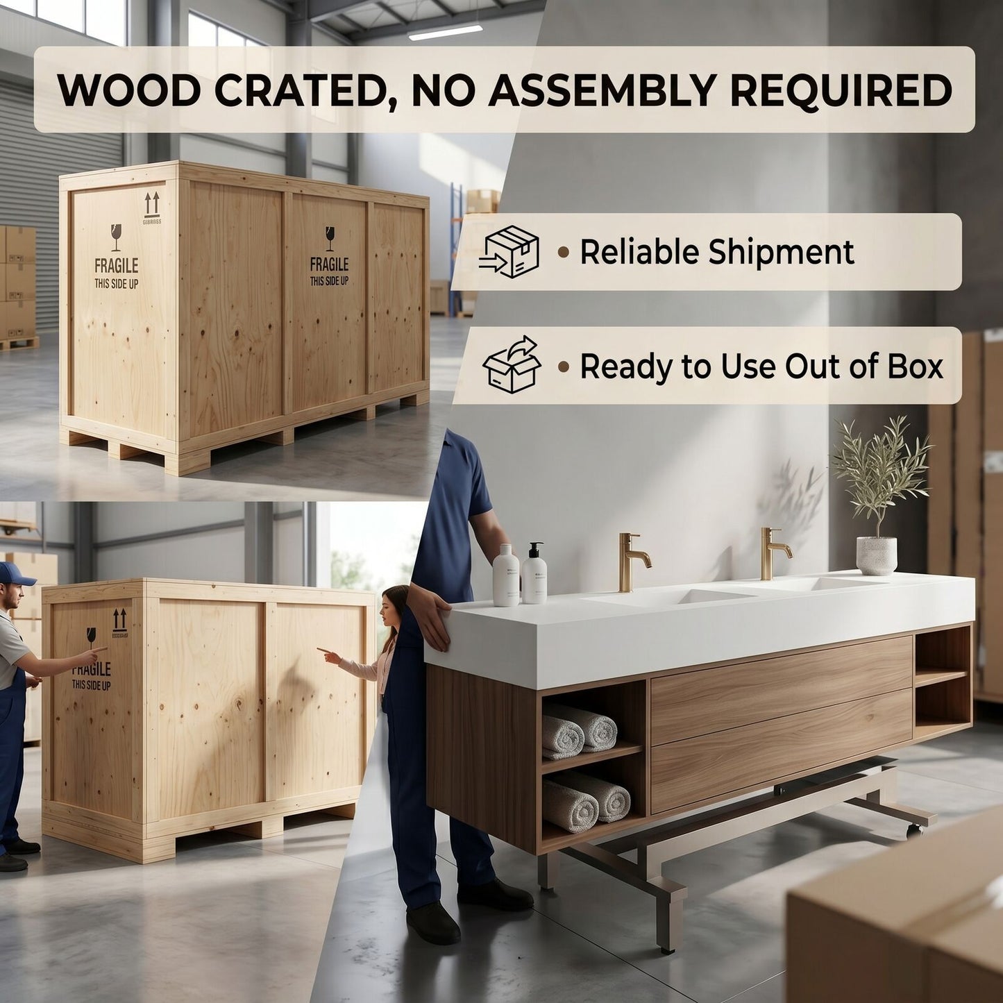 60''-96'' Floating Bathroom Vanity with Sink Minimalist Frame Solid Wood Cabinet Shelving