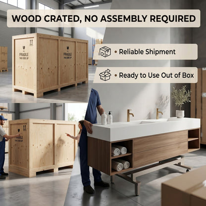 60''-96'' Floating Bathroom Vanity with Sink Minimalist Frame Solid Wood Cabinet Shelving