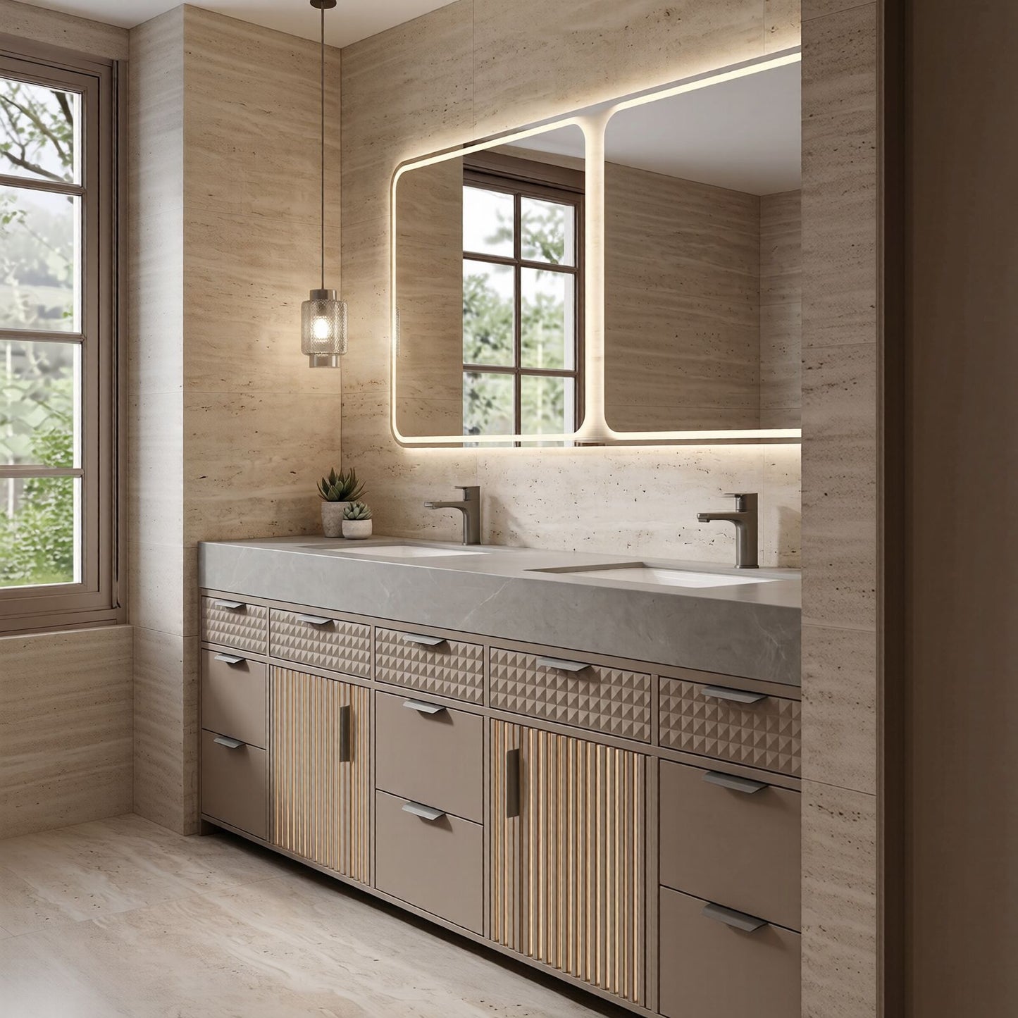 78''-96'' Modern Bathroom Vanity with Sink Double Sink Geometric Textured Grey Storage Cabinet