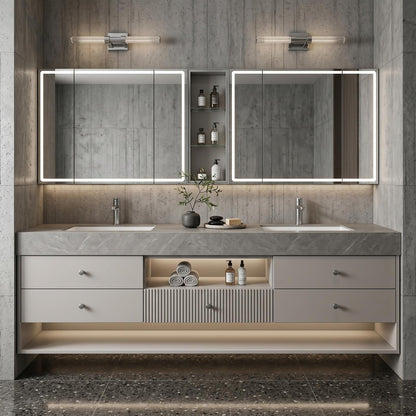 60''-96'' Modern Bathroom Vanity with Sink Double Sink Grey Stone Slatted Divider Mirror Cabinet