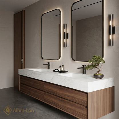 60''-96'' Double Bathroom Vanity with Sink Dark Walnut Slatted Panel Drawers
