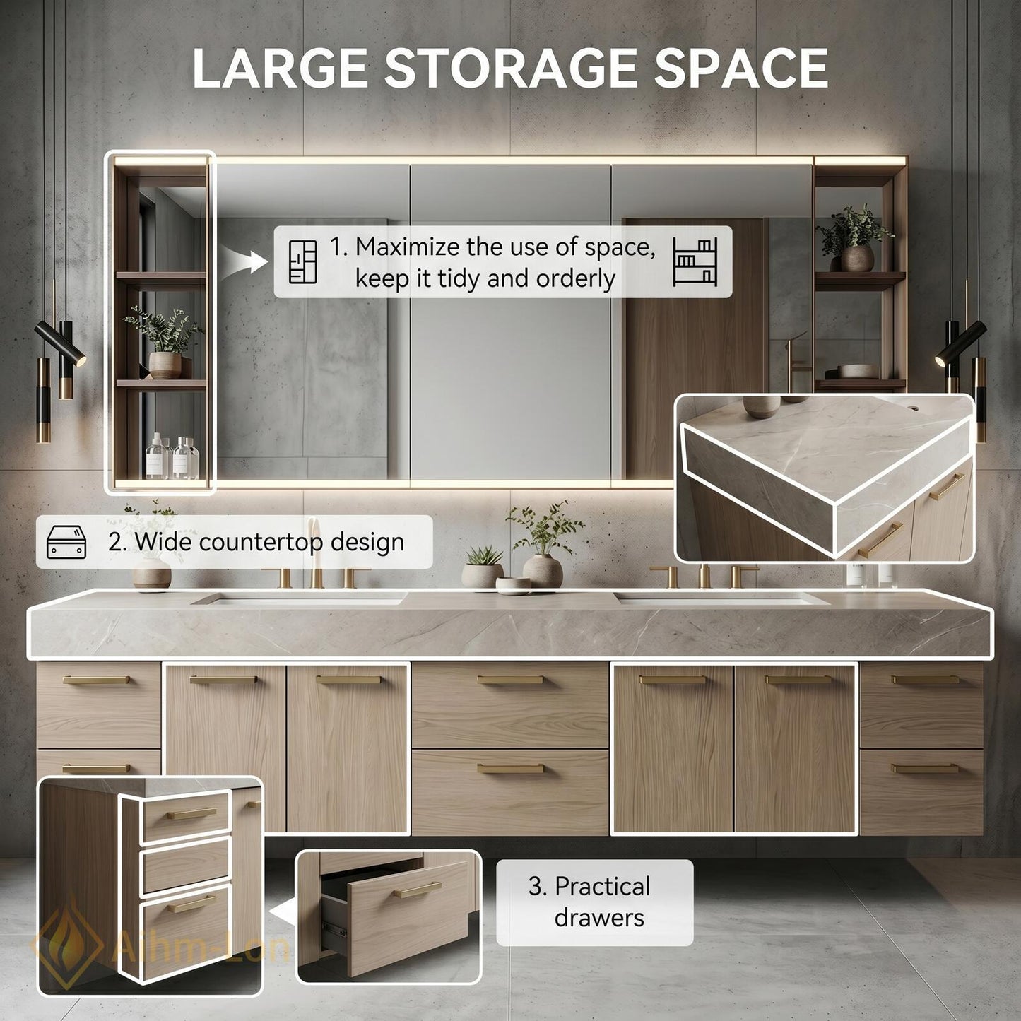 72''-96'' Double Bathroom Vanity with Sink Light-Oak Wood Modern Floating Open