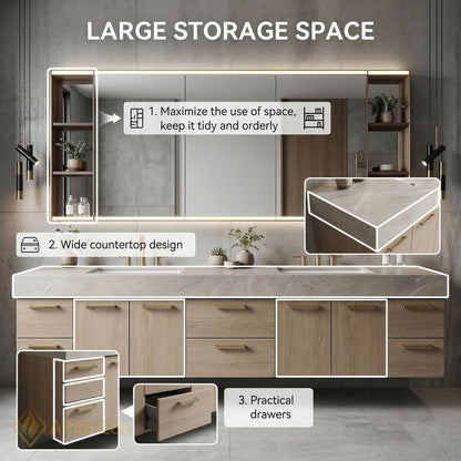 72''-96'' Double Bathroom Vanity with Sink Light-Oak Wood Modern Floating Open