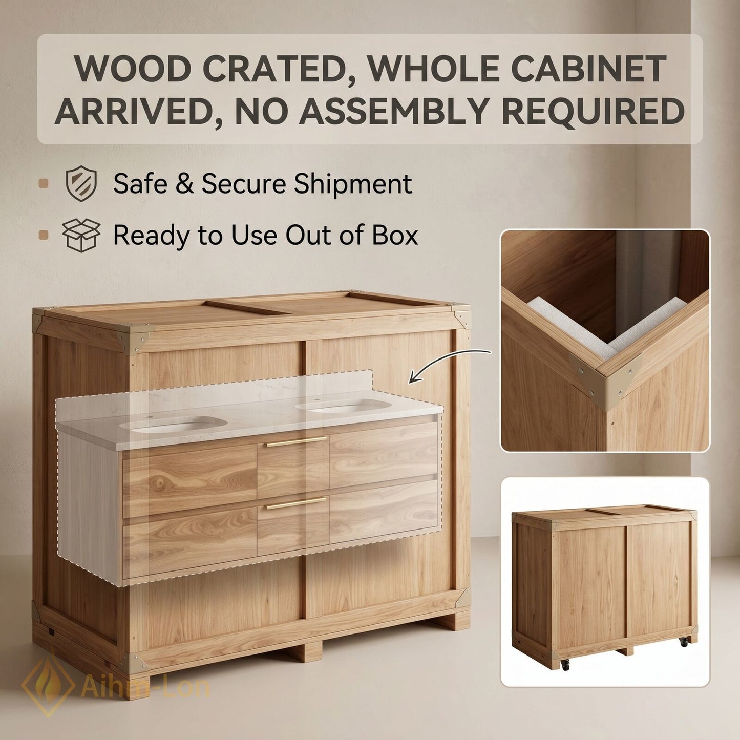 60''-96'' Modern Bathroom Vanity with Sink Floating Undermount Wide Counter Solid Wood