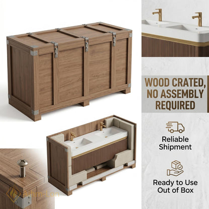 60''-96'' Double Bathroom Vanity with Sink Dark-Walnut Floating Slatted-Panel Open