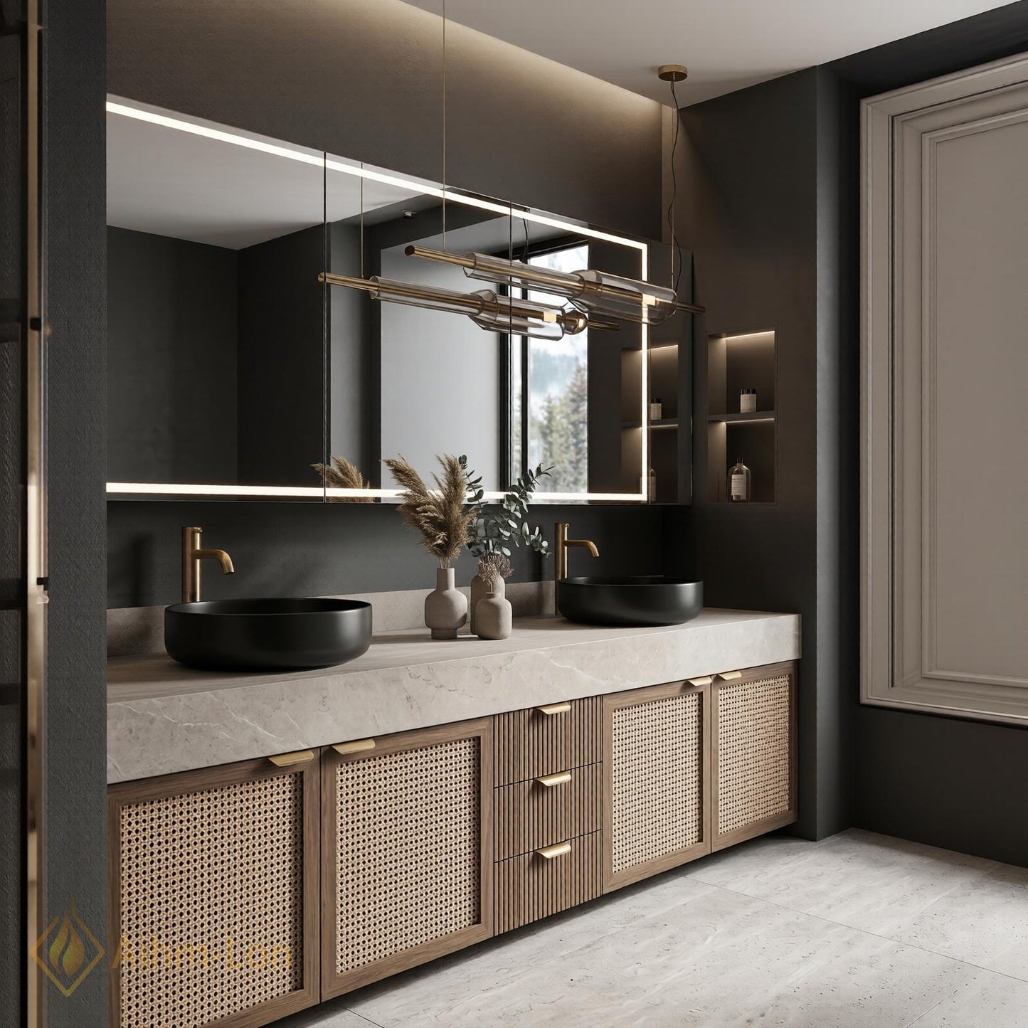 70''-96'' Double Bathroom Vanity with Sink Dark Walnut Finish Rattan Slatted Center