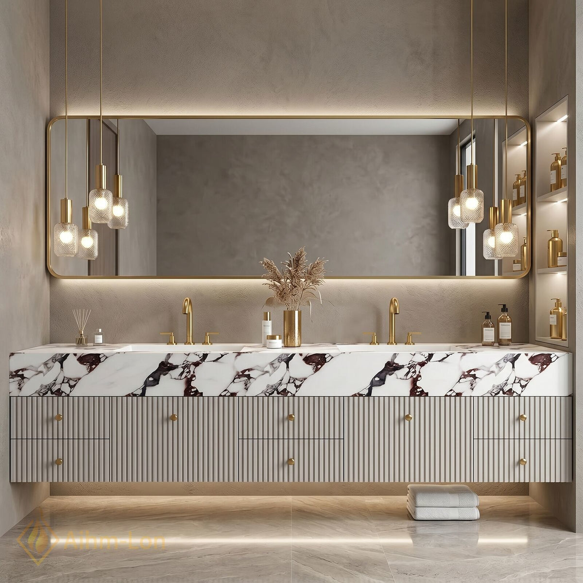 78''-96'' Double Bathroom Vanity with Sink Slatted Front Marble Look Top Drawers