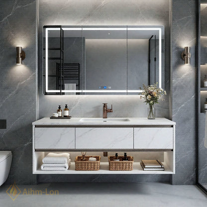 36''-64'' Modern Bathroom Vanity with Sink White Marble Floating Smart Digital Mirror