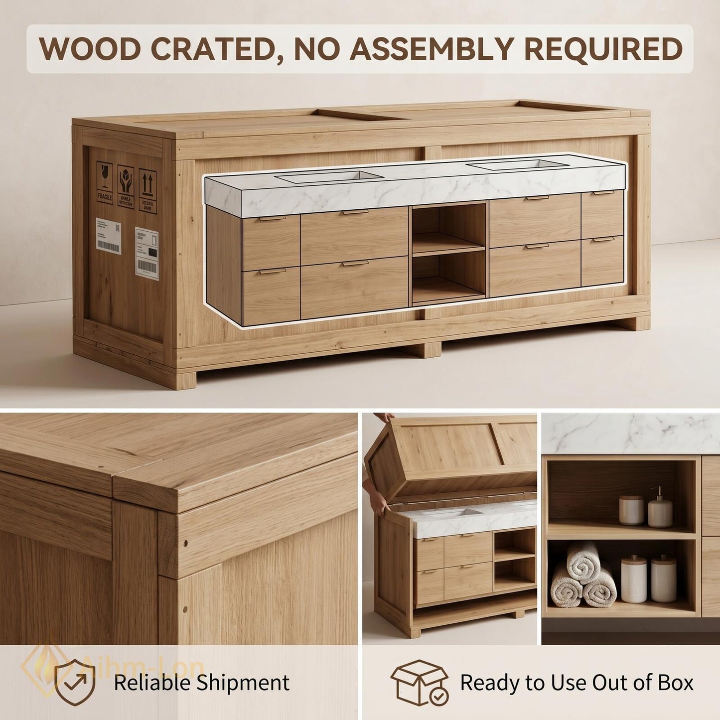60''-96'' Double Bathroom Vanity with Sink Light-Oak Floating Veneer Open Shelving